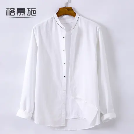 格慕施立领纯棉衬衫男士长袖休闲白衬衣韩版宽松大码竹节布寸衣潮图片