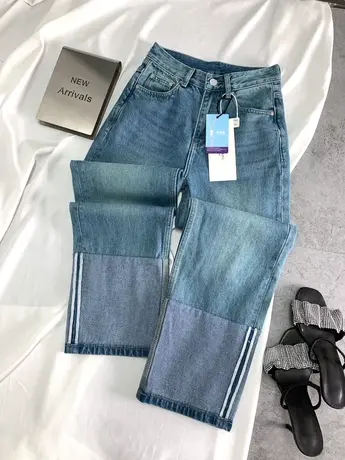 代嘉儿同款卷边牛仔直筒裤2024春季新款显瘦百搭高腰裤九分烟管裤图片