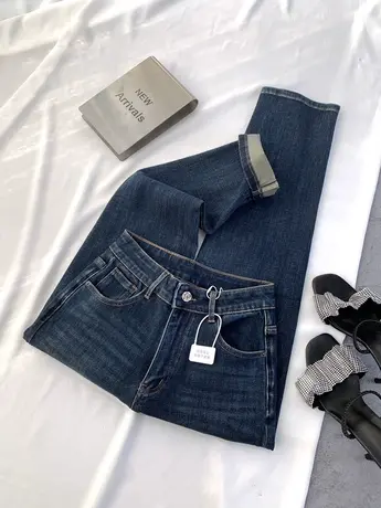 重工水洗基础牛仔直筒裤女2023冬季新款显瘦百搭高腰弹力烟管长裤商品大图