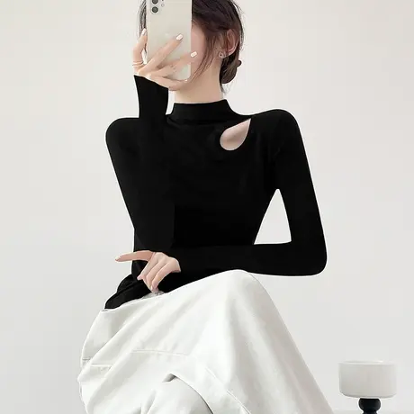 半高领打底衫女长袖t恤秋冬内搭针织高级感黑色螺纹修身上衣新款商品大图