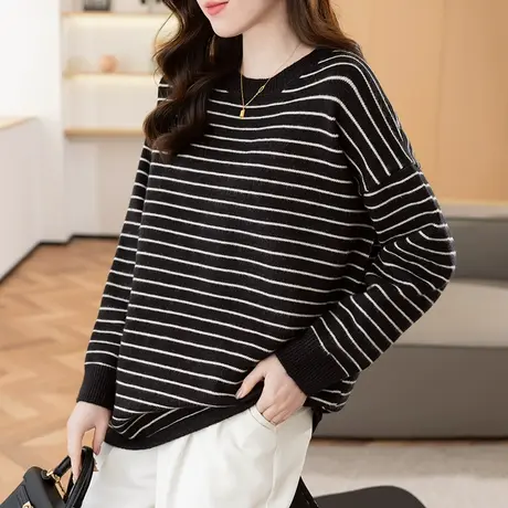 2023秋冬新款韩版宽松条纹针织衫女士百搭打底衫长袖套头圆领毛衣商品大图