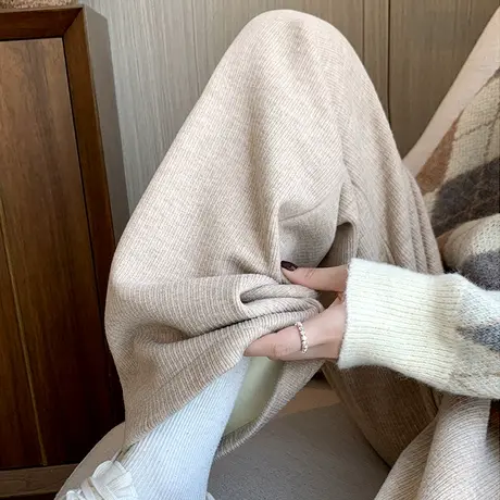 加绒加厚阔腿裤女秋冬季高腰宽松垂感薄款针织百搭直筒裤长裤子潮商品大图