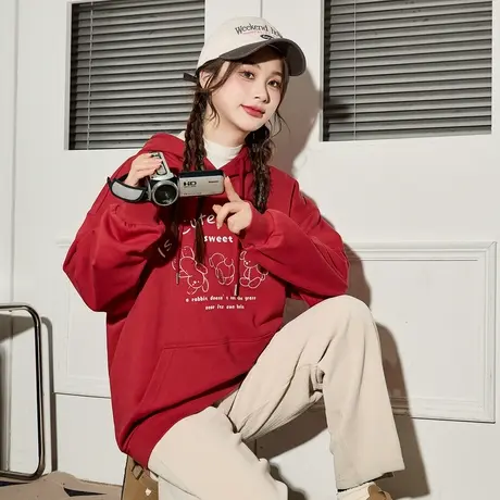 唐狮2023秋冬款女卫衣连帽加绒加厚宽松简约线条图案上衣12.19图片
