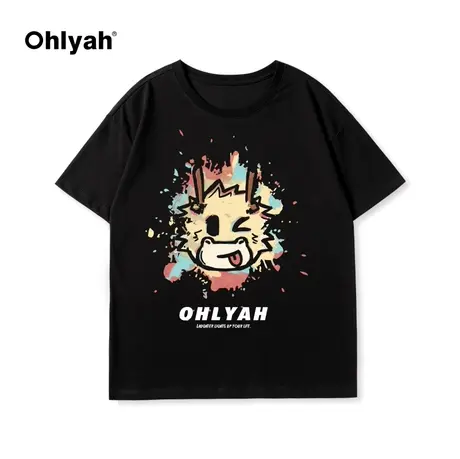 Ohlyah春夏新款彩色涂鸦卡通小龙印花纯棉短袖2024潮流情侣T恤女商品大图