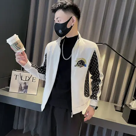 高级感休闲外套男秋季新款潮牌刺绣拼接痞帅发型师立领修身夹克潮商品大图