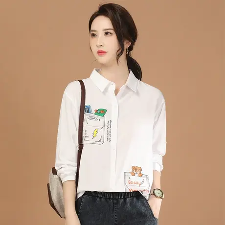 韩潮袭人印花长袖白色衬衣2024春季新款女士衬衫上衣设计感小众商品大图