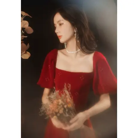 敬酒服女夏季新娘酒红色高级感结婚法式订婚礼服裙连衣裙遮手臂商品大图