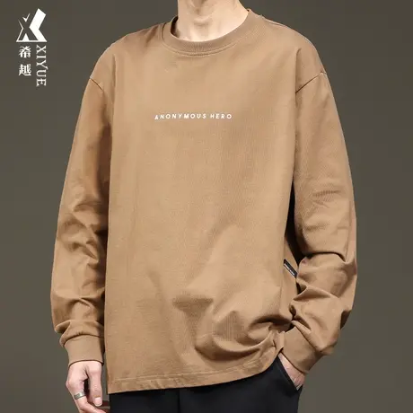 希越重磅纯棉长袖T恤男2024春季新款美式宽松大码男士圆领打底衫图片