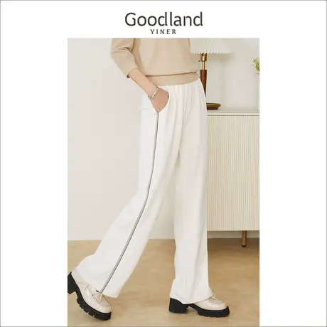 【爆款升级】Goodland美地女装2023夏阔腿侧边水钻休闲裤长裤商品大图
