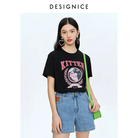 迪赛尼斯夏季新款短袖时尚黑色重工钉珠猫咪图案宽松T恤女士商品大图