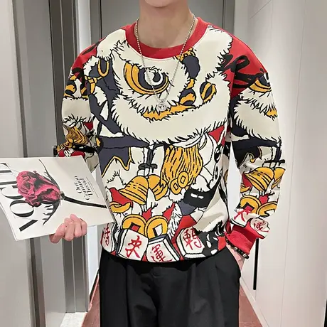 春季中国风潮牌印花卫衣男ins高级感重磅长袖T恤上衣2024新款潮T商品大图