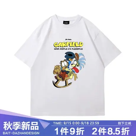 美式复古卡通加菲乌迪纯棉男女短袖t恤2023新款韩版宽松学生半袖商品大图