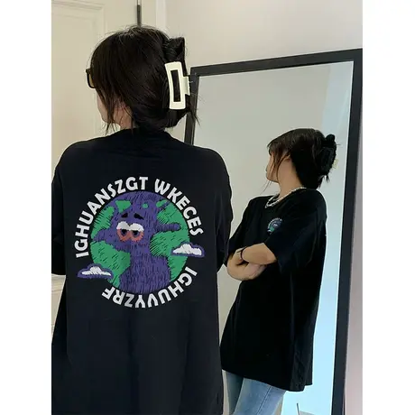 纯棉重磅美式复古短袖t恤女春夏季2023新款潮牌宽松大码正肩上衣商品大图