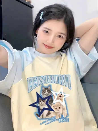 纯棉重磅撞色插肩短袖t恤女夏季设计感小众美式复古宽松潮牌上衣商品大图