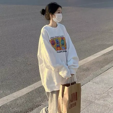 oversize趣味印花卫衣女ins潮牌春秋季薄款宽松chic港风高街上衣图片