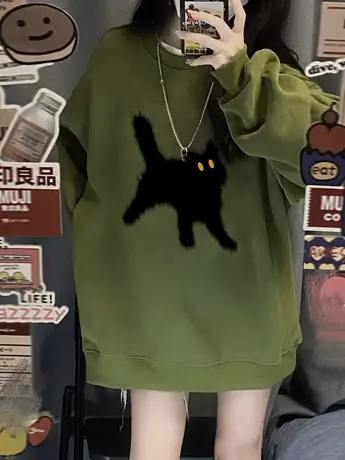 美式复古圆领卫衣女秋季薄款小个子宽松oversize休闲套头上衣潮牌商品大图