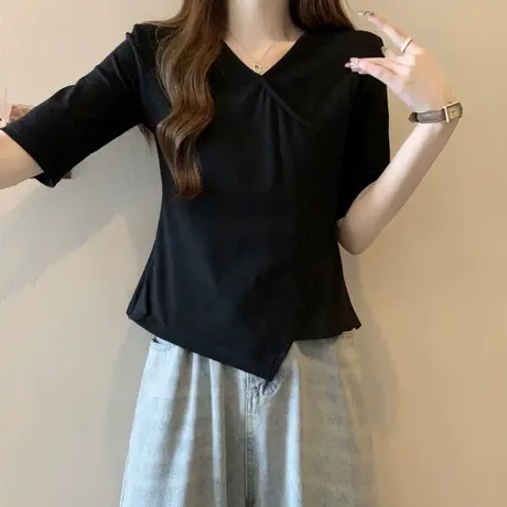 不规则短袖T恤女夏季韩版百搭修身显瘦设计感V领短款半袖上衣潮商品大图
