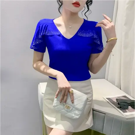 欧货女装时尚气质荷叶边短袖T恤女性感镂空V领上衣气质网纱打底衫图片