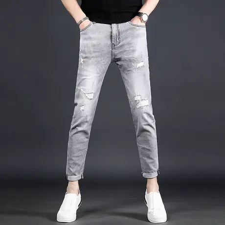 破洞九分牛仔裤男潮牌小脚修身浅色韩版潮流百搭夏季薄款男士裤子商品大图