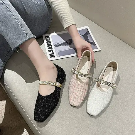 复古方头玛丽珍鞋女2024年新款春夏季布面浅口单鞋平底防滑奶奶鞋商品大图