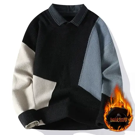 2023秋冬季新款男士假两件毛衣加绒加厚针织衫个性毛线衣帅气线衫商品大图