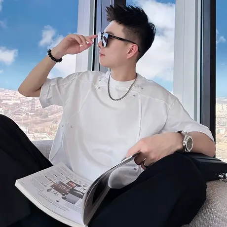 设计感小众金属短袖T恤夏季网红个性半袖上衣潮流夜店半截袖体恤图片