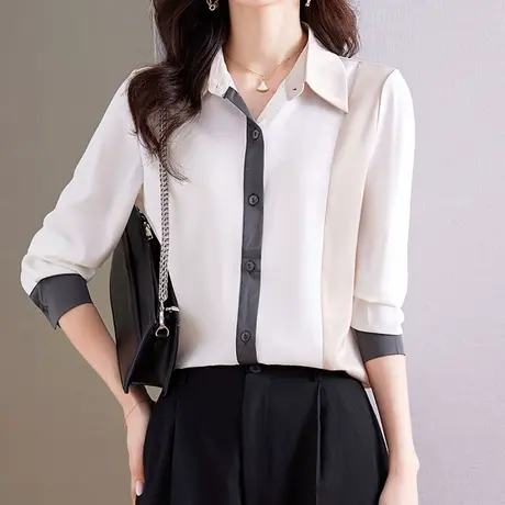 【3月4春新品8折】时尚百搭撞色拼接长袖衬衣宽松休闲气质上衣女图片
