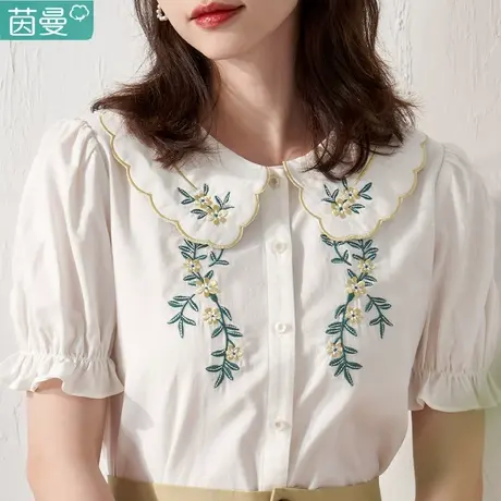 茵曼森系棉麻女装娃娃领衬衫女2024新品新款小衫夏季短袖衬衣上衣图片
