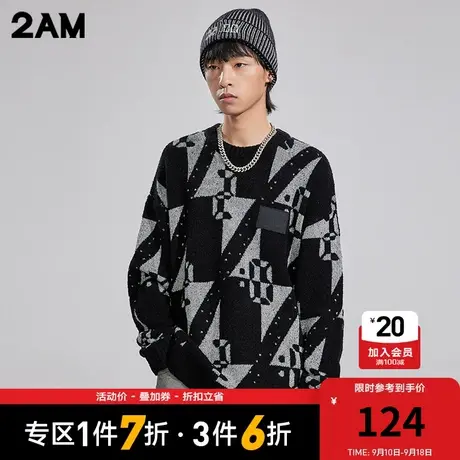 卡宾潮牌2AM棋盘格LOGO提花针织衫宽松落肩毛衣街头潮酷图片
