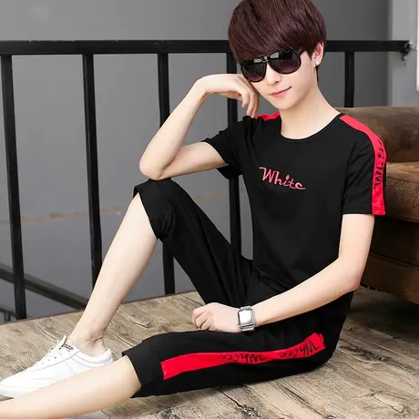 夏季初中学生13-14-15-16-17-18岁青少年男孩休闲短袖t恤运动套装商品大图