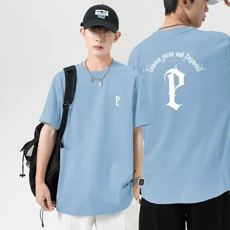 重磅纯棉短袖t恤男夏季宽松圆领上衣服潮流字母印花半袖全棉体恤商品大图