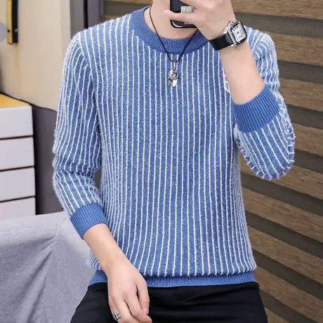 水貂绒毛衣男士秋冬季加绒加厚针织打底衫韩版潮流线衣服保暖秋装商品大图