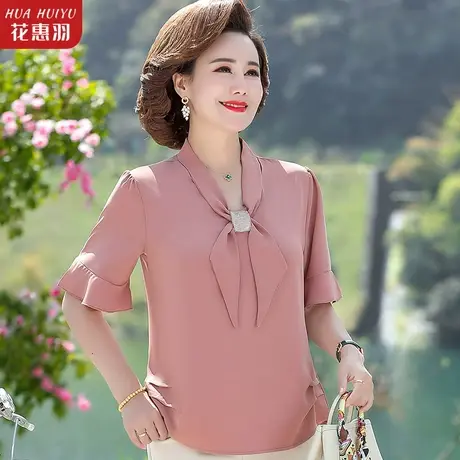 中年妈妈夏装套装洋气雪纺小衫短袖上衣中老年女装新款衬衫两件套图片