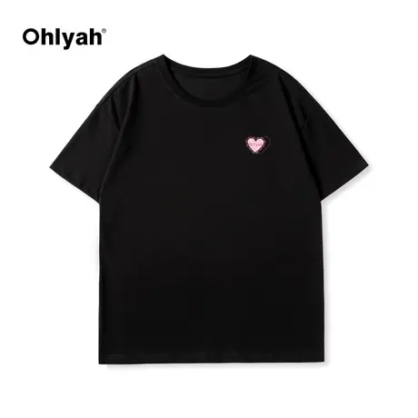 Ohlyah爱你胸花新款字母爱心印花短袖t恤夏女潮牌大码男女同款图片