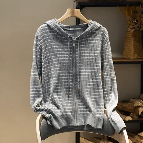 享永子连帽羊毛针织开衫女春秋文艺复古宽松显瘦卫衣上衣2023新款商品大图