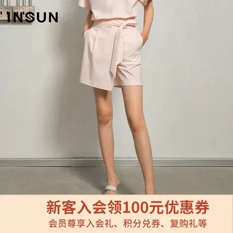 恩裳夏季时尚简约粉色减龄解构不对称设计腰带宽松短裤女图片