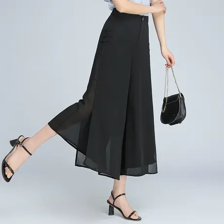 雪纺阔腿裤女裤夏季薄款2023新款宽松开叉印花裙裤垂感休闲九分裤图片