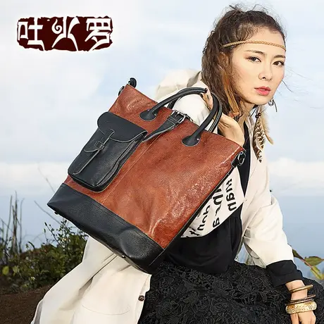 吐火罗2021春夏新款牛皮拼接休闲女包手提斜跨单肩包个性真皮大包图片