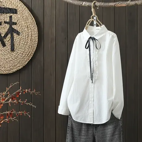 枫谜2022年秋季新款花边门禁系带翻领百搭纯色衬衫商品大图