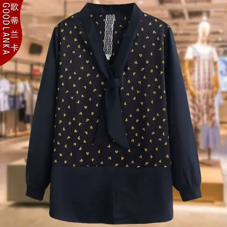 中年妈妈春装长袖小衫宽松洋气大码上衣中老年女拼接系带V领T恤女商品大图