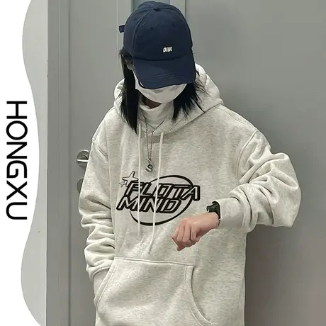 红续秋冬韩国ins潮灰色连帽卫衣女学生新款宽松百搭加厚保暖上衣图片