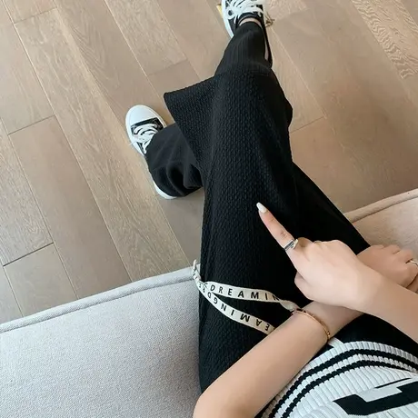 泡芙格阔腿裤女春夏2023年新款抽绳宽松显瘦垂感薄款休闲直筒裤子图片