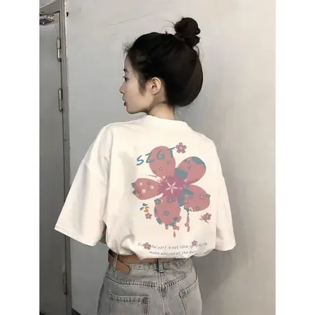 纯棉设计感小众花朵短袖t恤女夏季新款潮牌宽松半袖洋气减龄上衣商品大图