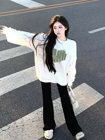 套头圆领卫衣女秋冬加绒加厚小众设计感慵懒风宽松oversize上衣潮商品大图