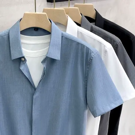 冰丝衬衫男短袖夏季免烫抗皱高端商务休闲小蜜蜂刺绣修身白衬衣男商品大图