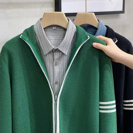 条纹撞色开衫毛衣男2022秋冬新款潮牌宽松慵懒针织衫男拉链外套商品大图