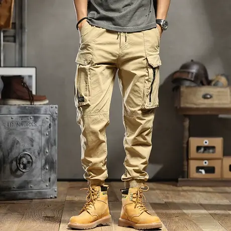 美式复古潮牌工装裤男卡其色多口袋潮流百搭宽松束脚男士休闲长裤商品大图
