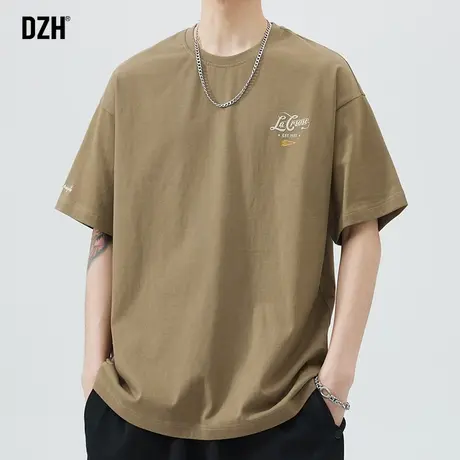 男生咖色纯棉t恤男美式潮牌夏季男装2023新款发泡印花短袖体恤衫商品大图