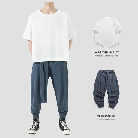 新中式男装中国风唐装汉服男暗黑系亚麻短袖T恤一套搭配宽松大码图片