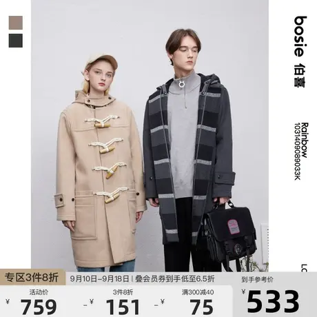 bosie2023年秋冬高级感牛角扣长款毛呢大衣男女连帽宽松外套上衣商品大图